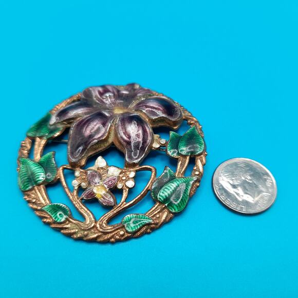 Vintage Purple Enamel Flower Brooch, Open Work, Copper, 2 1/8" - Picture 5 of 8